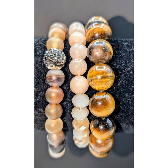 Lot of Three Stone Crystal Brown Pink Stretch Bracelets - Picture 1 of 4